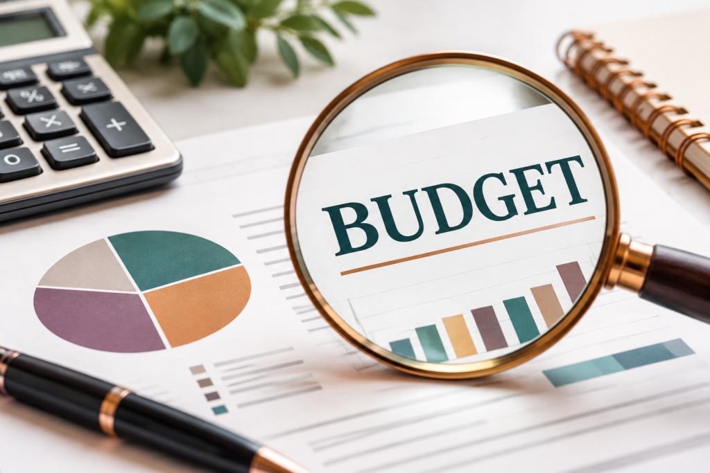 Magnifying glass highlighting the word “Budget” on a financial report with charts, a calculator, and a pen.
