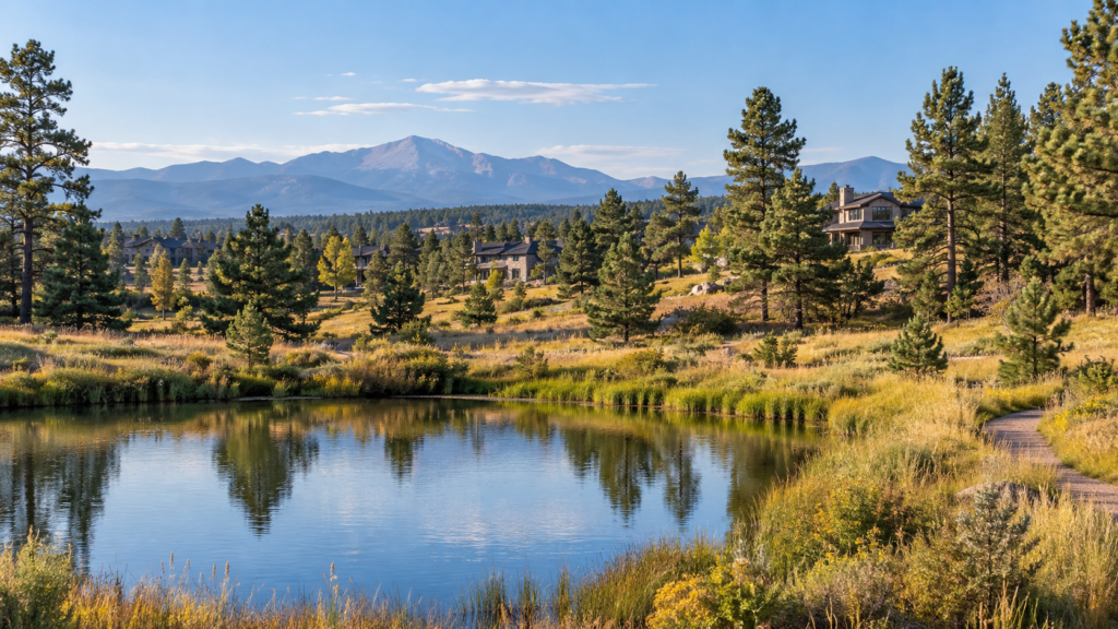 Pond surrounded by golden grasses and ponderosa pines, with homes and the Front Range in the distance