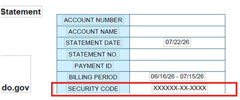 Account statement showing the location of the security code needed to register for the Homeowner Portal